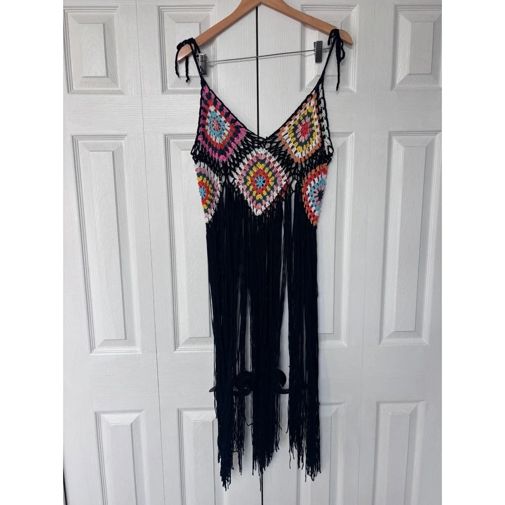 Shein Curve Crochet Granny Square Fringe‎ Top Multi-Color Boho Festival 1XL